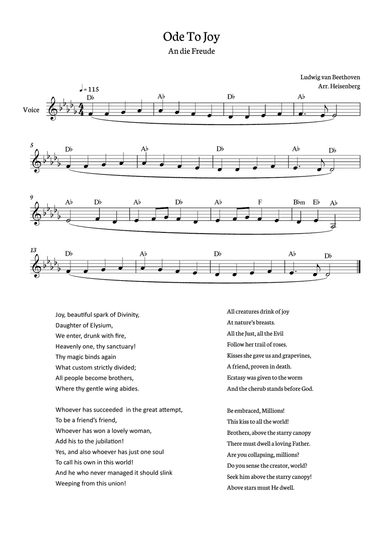 Beethoven - Ode To Joy for voice with chords in Db (Lyrics in English)