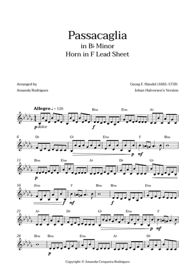 Passacaglia - Easy Horn in F Lead Sheet in Bbm Minor (Johan Halvorsen's Version)