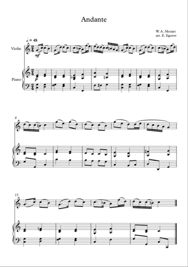 Andante (In Eb Major), Wolfgang Amadeus Mozart, For Violin & Piano
