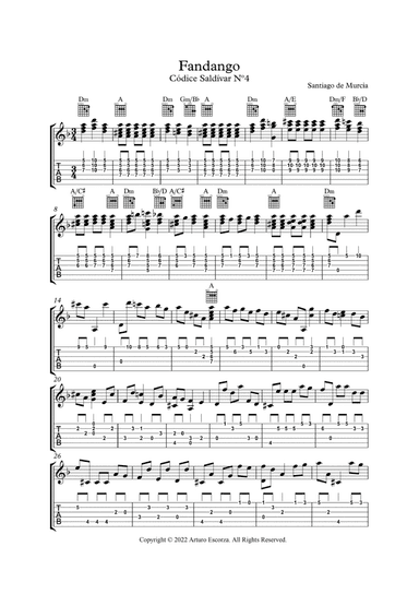 "Fandango" for guitar from "Codice Saldivar" No.4 by Santiago de Murcia - Notation and TAB