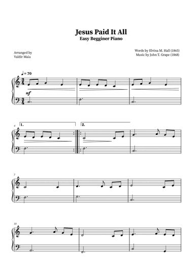 Jesus Paid It All - Easy Beginner Piano