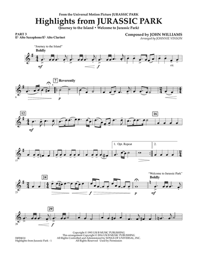Highlights from Jurassic Park - Pt.3 - Eb Alto Sax/Alto Clar.