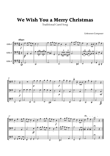 We Wish you a Merry Christmas for Cello Trio