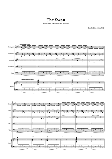 The Swan by Saint-Saëns for Brass Quintet and Piano with Chords