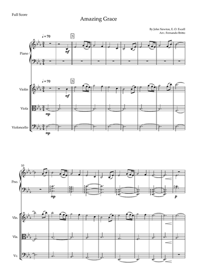 Amazing Grace (John Newton, E. O. Excell) for String Trio and and Piano Accompaniment with Chords