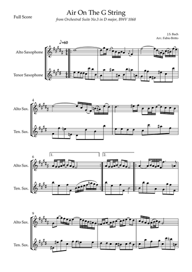 Air On The G String (J.S. Bach) for Alto Saxophone & Tenor Saxophone Duo