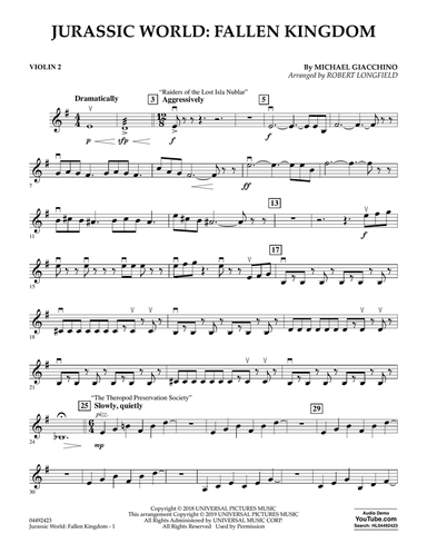 Jurassic World: Fallen Kingdom (arr. Robert Longfield) - Violin 2