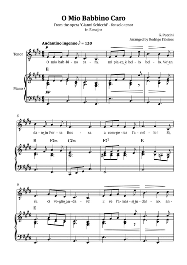 O Mio Babbino Caro - for tenor (in E major)