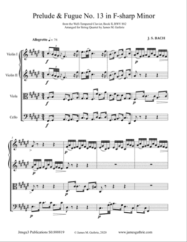 BACH: Prelude & Fugue No. 13 in F-sharp Major, BWV 882 for String Quartet