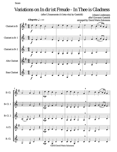 In dir ist Freude (In Thee is gladness) for clarinet quintet (E flat, 2 B flats, Alto, Bass)