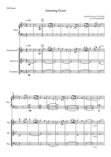 Amazing Grace (John Newton, E. O. Excell) for Brass Trio and Piano Accompaniment with Chords