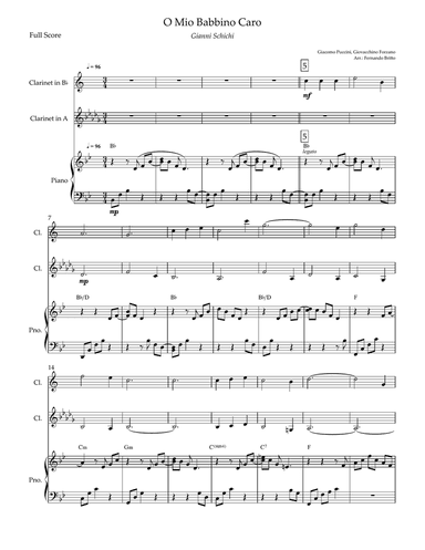 O Mio Babbino Caro (Puccini) for Clarinet in Bb & Clarinet in A Duo and Piano Accompaniment with Cho