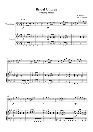 Bridal Chorus (Wedding March), Richard Wagner, For Trombone & Piano