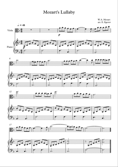 Mozart's Lullaby, For Viola & Piano