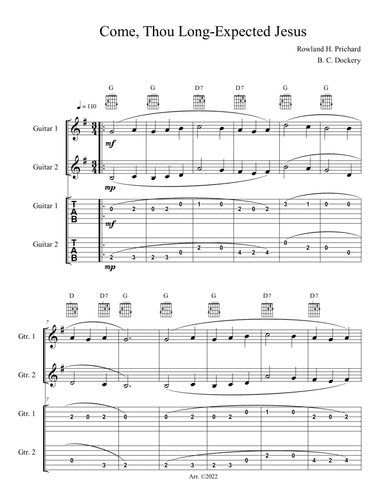 Come, Thou Long-Expected Jesus (Guitar Duet or Trio with TAB)
