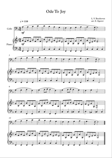 Ode To Joy, Ludwig Van Beethoven, For Cello & Piano