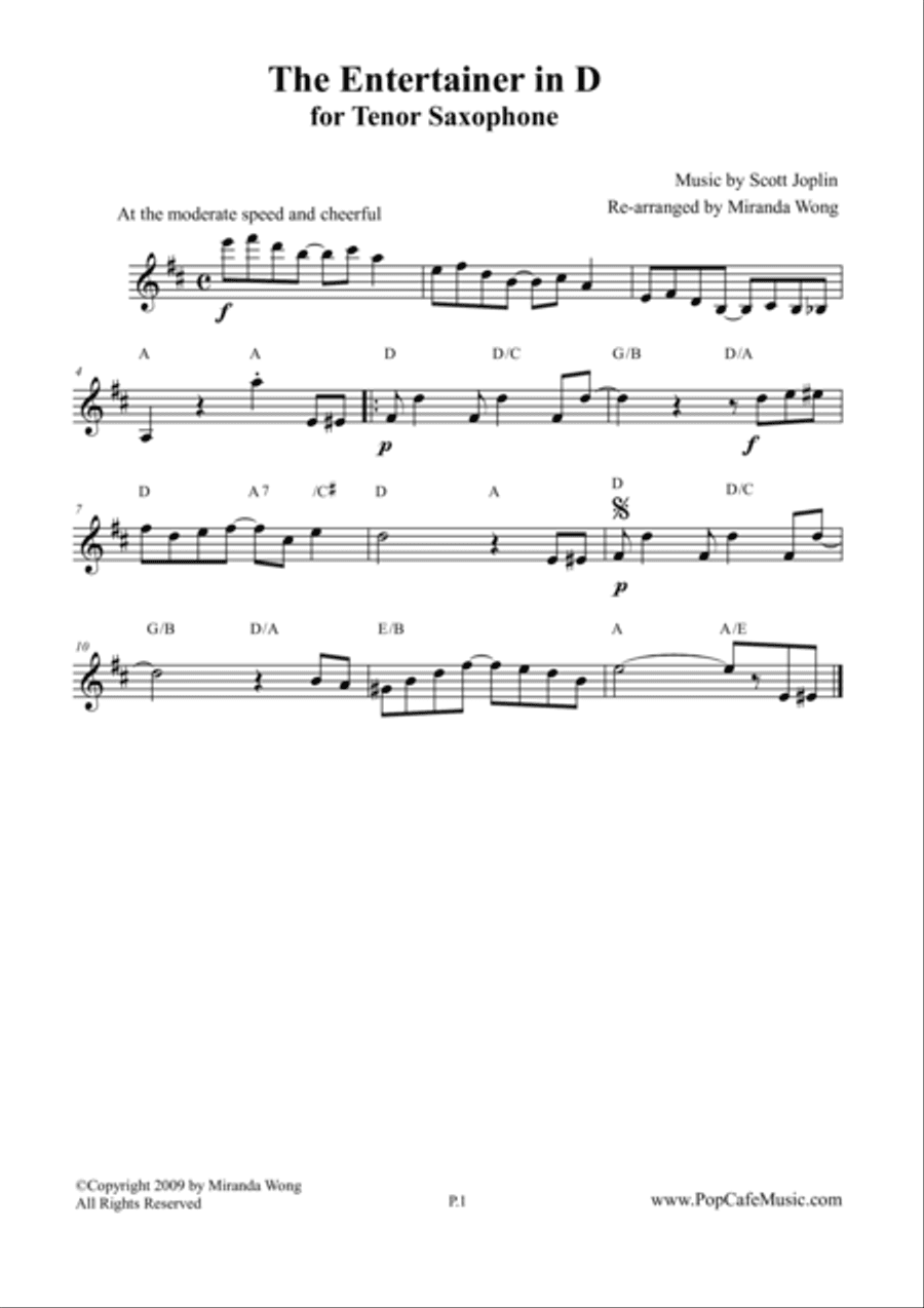 The Entertainer in D - Tenor or Soprano Saxophone Solo