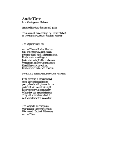 An die Türen from Gesänge des Harfners arranged for oboe d'amore and guitar