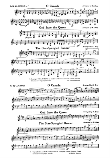 O Canada / God Save the Queen / Star-Spangled Banner: 3rd & 4th F Horns and 1st B-flat Clarinet