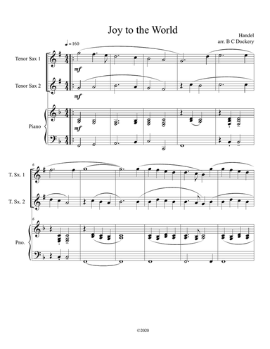 Joy to the World (tenor sax duet) with optional piano accompaniment