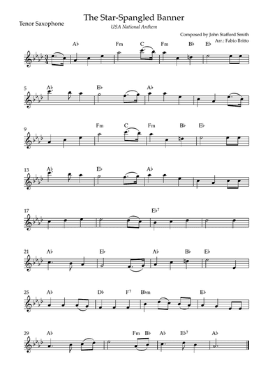 The Star Spangled Banner (USA National Anthem) for Tenor Saxophone Solo with Chords (F# Major)