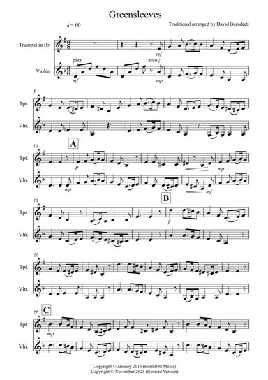 Greensleeves for Trumpet and Violin Duet