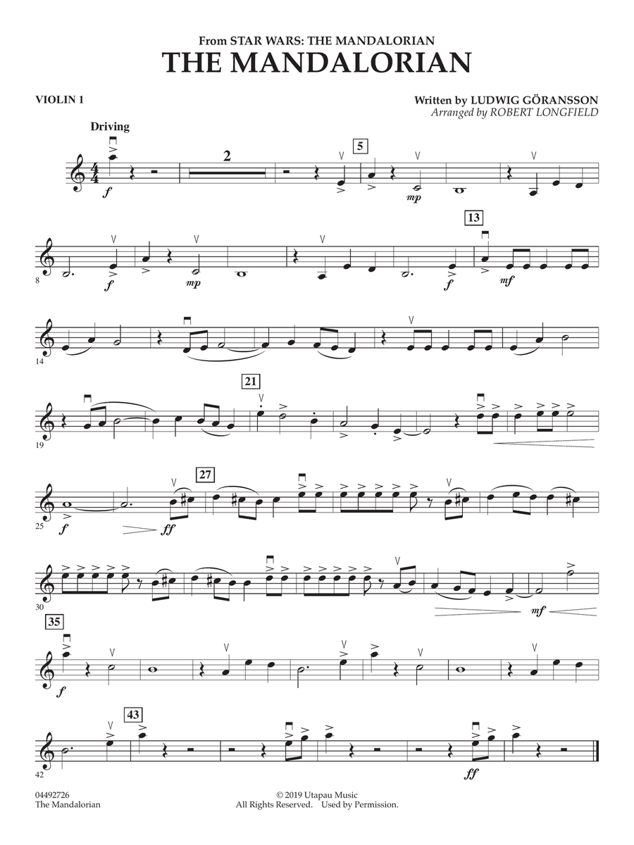 The Mandalorian (from Star Wars: The Mandalorian) (arr. Longfield) - Violin 1