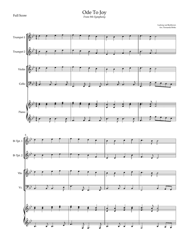 Ode To Joy (from Beethoven's 9th Symphony) for 2 Trumpet, Violin, Cello and Piano (Easy)