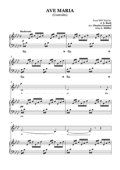AVE MARIA - Bach/Gounod. For Soloist Contralto in A-flat Major with Piano Accompaniment