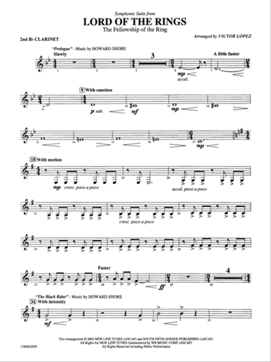 The Lord of the Rings: The Fellowship of the Ring, Symphonic Suite from: 2nd B-flat Clarinet
