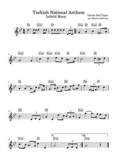 Turkish National Anthem- İstiklâl Marşı (lead sheet in G minor for treble clef instruments)