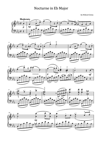 Nocturne in Eb Major – Mikhail Glinka - Original With Fingered - For Piano Solo