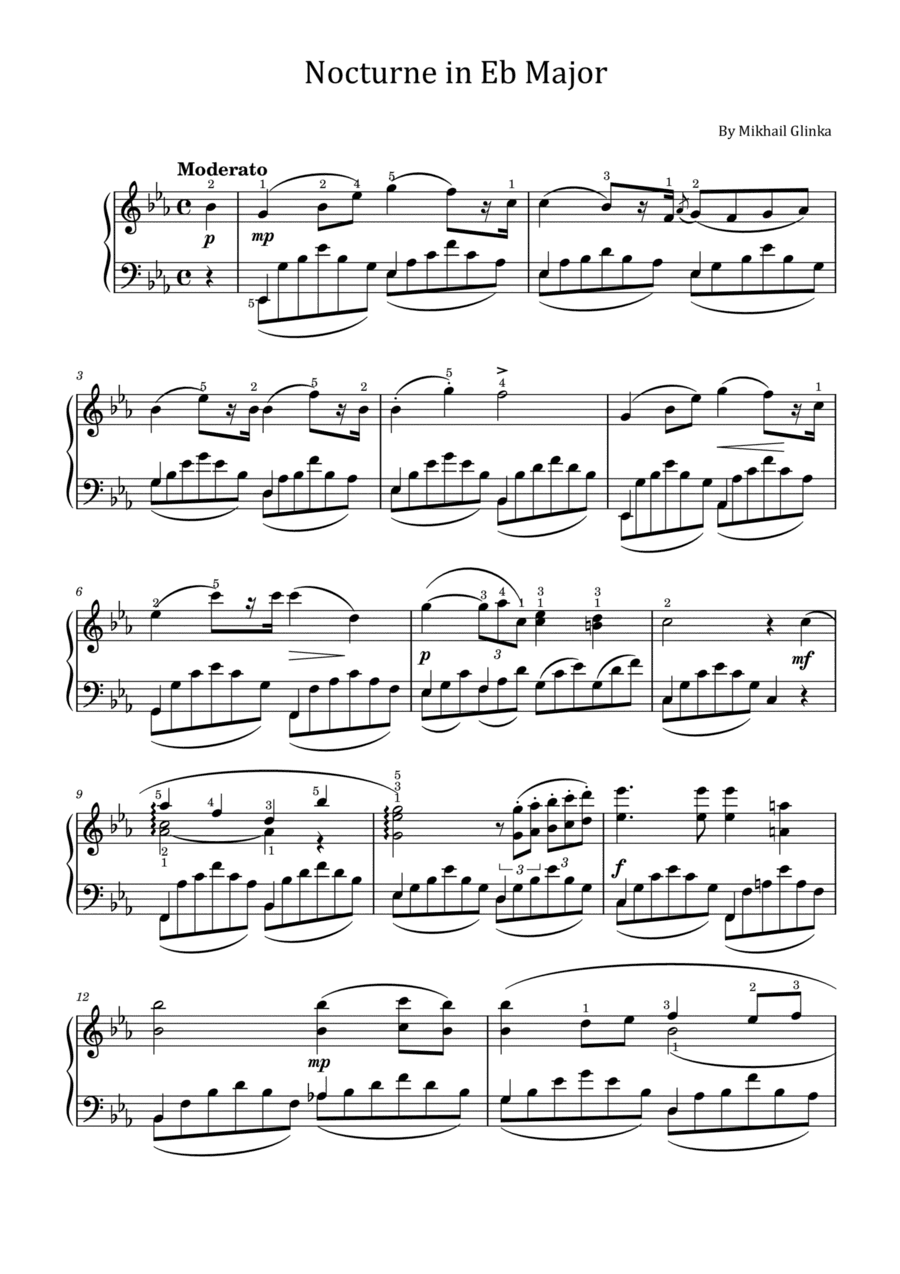 Nocturne in Eb Major – Mikhail Glinka - Original With Fingered - For Piano Solo