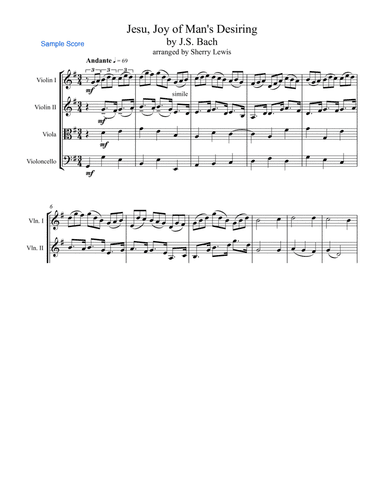 JESU, JOY OF MAN'S DESIRING - String Quartet, Intermediate Level of 2 violins, viola and cello