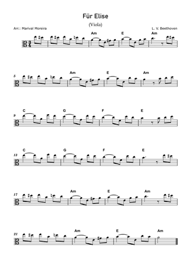 Fur Elise - Beethoven - Viola Solo Intermediate (Score and Chords)