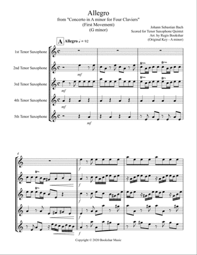 Allegro (from "Concerto for Four Claviers") (G min) (Tenor Saxophone Quintet)
