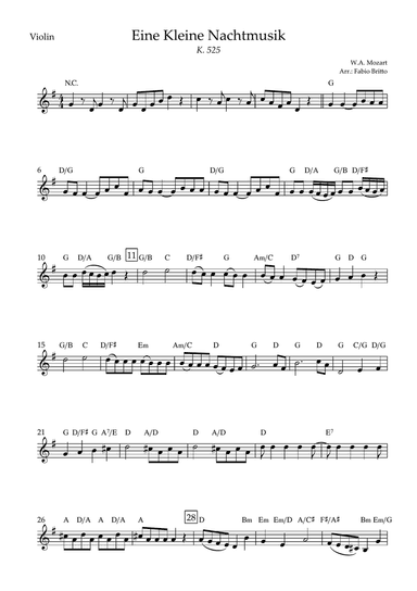 Eine kleine Nachtmusik (W.A. Mozart) for Violin Solo with Chords (Simplified)