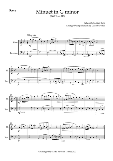 Minuet in G minor BWV anh 115 (Bach) Flute and Bassoon