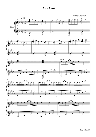 Luv Letter,Piano Solo Sheet,B Flat,Dj Okawari