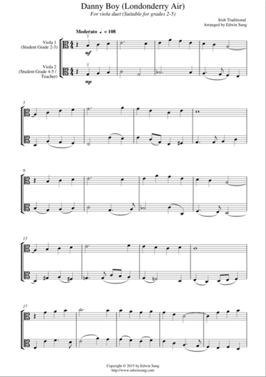 Danny Boy (Londonderry Air) (for viola duet, suitable for grades 2-5)