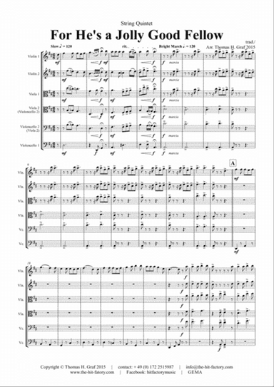 For he is a Jolly Good Fellow - Folk Song and Toast - String Quintet