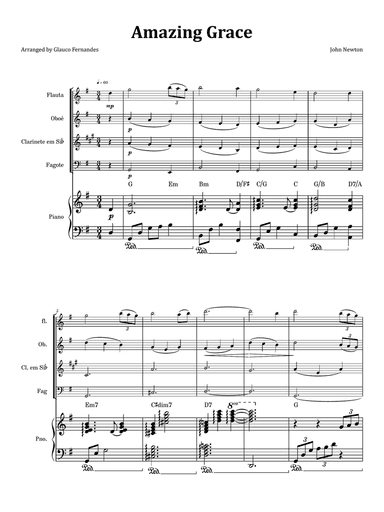 Amazing Grace - Woodwind Quartet & Piano with Chord Notation