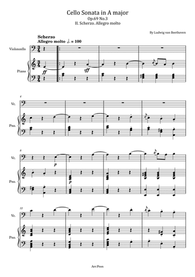Beethoven - Cello Sonata in A Major - Op.69 No.3 II. Scherzo. Allegro molto - For Piano and Cello