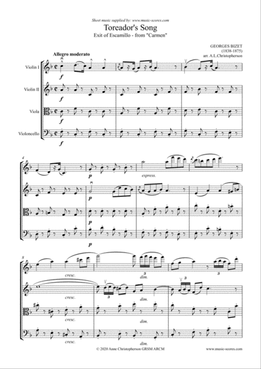 The Toreador Song from Carmen - String Quartet (high 1st violin)