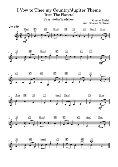 I Vow to Thee my Country/Jupiter Theme from the Planets (Easy violin leadsheet)