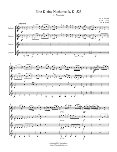 Eine kleine Nachtmusik, K. 525 - ii - Romanze (Guitar Quartet) - Score and Parts