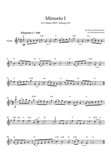 Minueto I in G Major, BWV Anhang 114 (Violin + Chords)