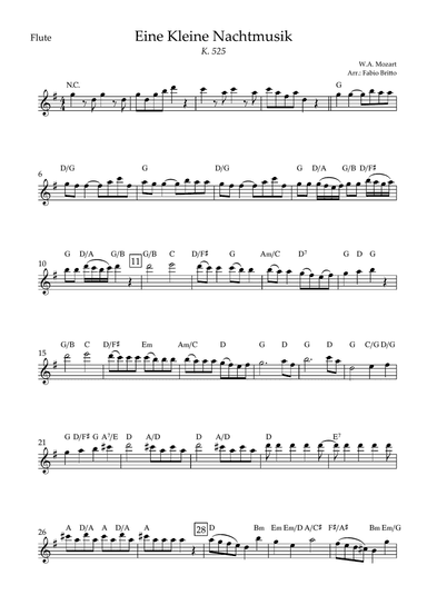 Eine kleine Nachtmusik (W.A. Mozart) for Flute Solo with Chords (Simplified)