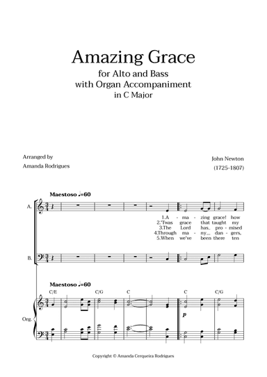 Amazing Grace in C Major - Alto and Bass with Organ Accompaniment and Chords