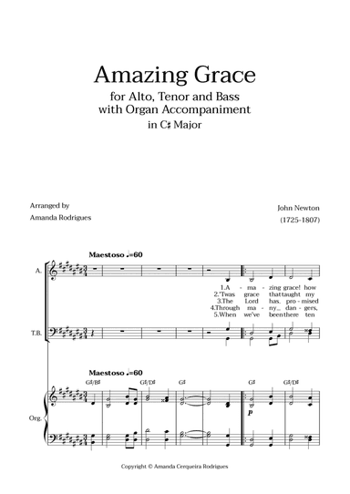 Amazing Grace in C# Major - Alto, Tenor and Bass with Organ Accompaniment and Chords